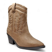 Tan leather Mini Mindful Bootie featuring pointed toe and decorative stitching