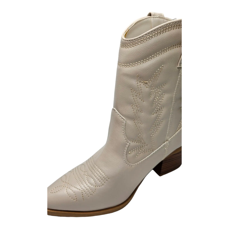 White leather Mini Mindful Bootie with decorative stitching and pointed toe design