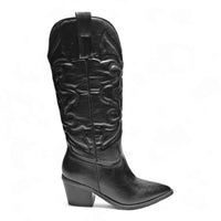 Black leather cowboy boot with pointed toe and mid-height heel, featuring western-inspired embroidered design