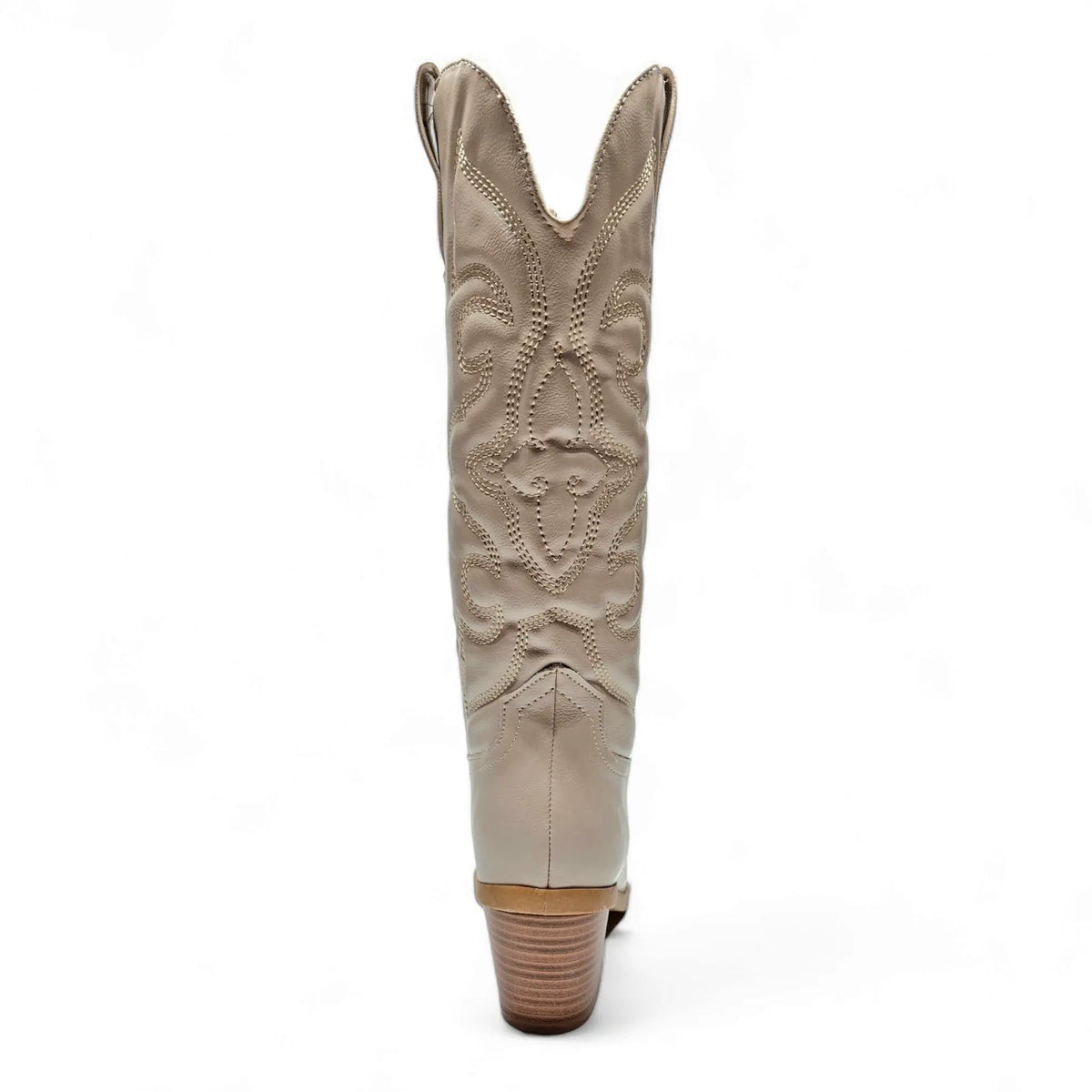 Tall beige cowboy boot with western-inspired embroidered design and stacked wooden heel