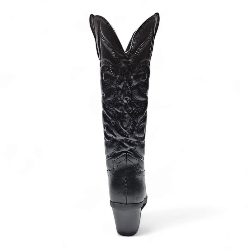 Black leather cowboy boot with western-inspired embroidered design and pointed toe