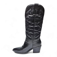 Black leather Mindful Western Boot with pointed toe and western-inspired embroidered design