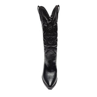 Black leather cowboy boot with pointed toe and tall shaft featuring western-inspired embroidered design