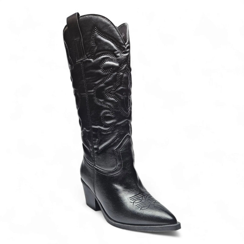 Black leather cowboy boot with pointed toe and western-inspired embroidered design features