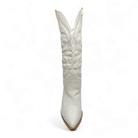 White leather Mindful Western Boot with pointed toe and tall shaft, western-inspired design