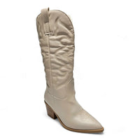 Beige leather Mindful Western Boot featuring a pointed toe and stacked heel with embroidered design