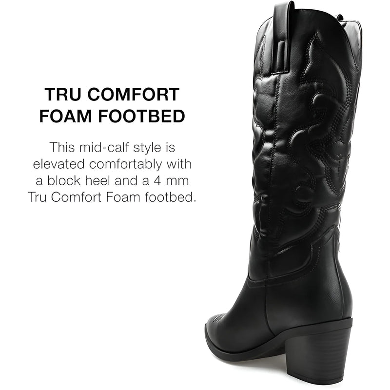 Black leather mid-calf cowboy boot with block heel and western-inspired embroidered design