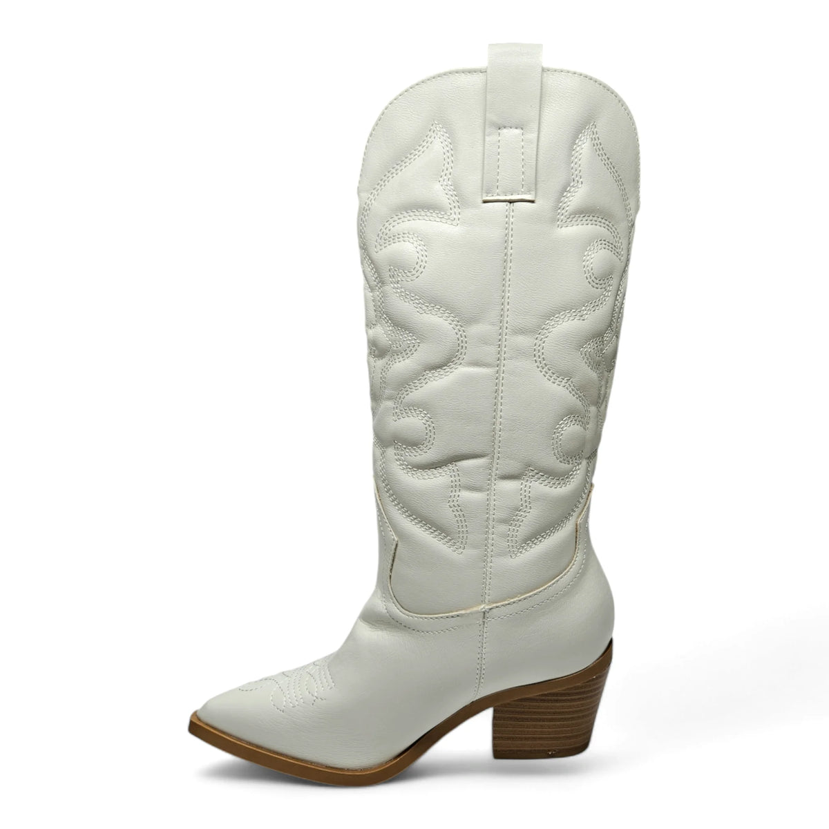 White leather cowboy boot with pointed toe and western-inspired embroidered design