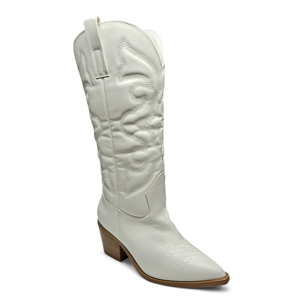 White leather cowboy boot with pointed toe and western-inspired embroidered design