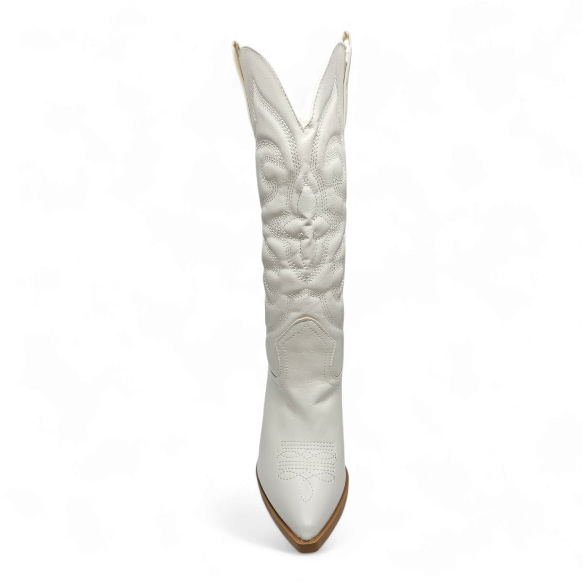 White leather Mindful Western Boot with pointed toe and tall shaft, western-inspired design