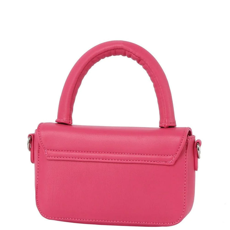 Bright pink mini crossbody bag with a short handle and flap closure