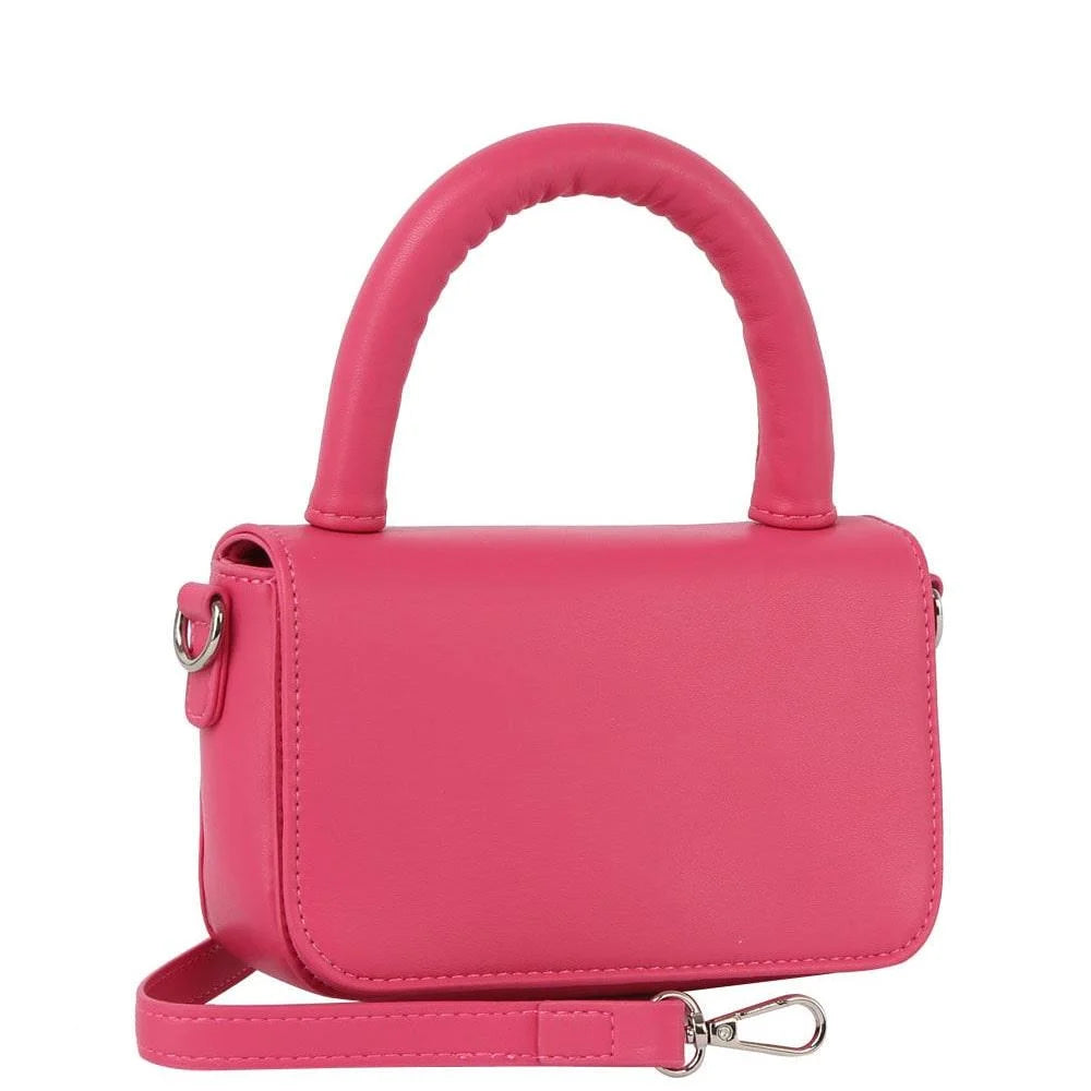 Bright pink mini crossbody bag with short handle and detachable shoulder strap