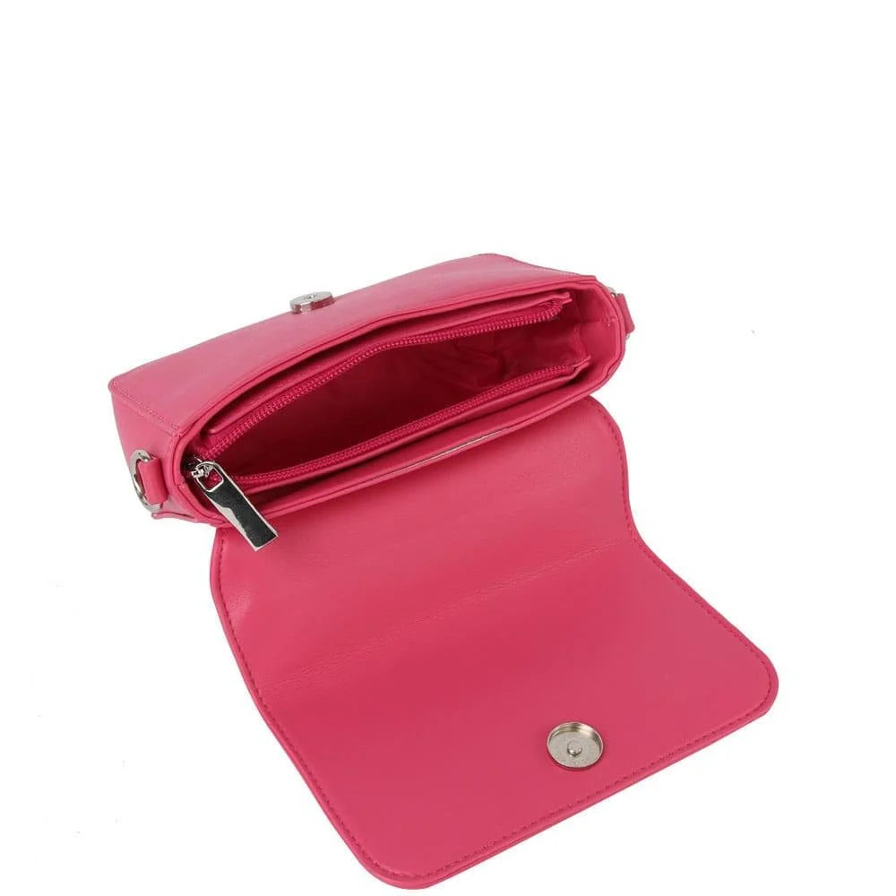 Pink leather mini crossbody bag featuring a stylish flap closure