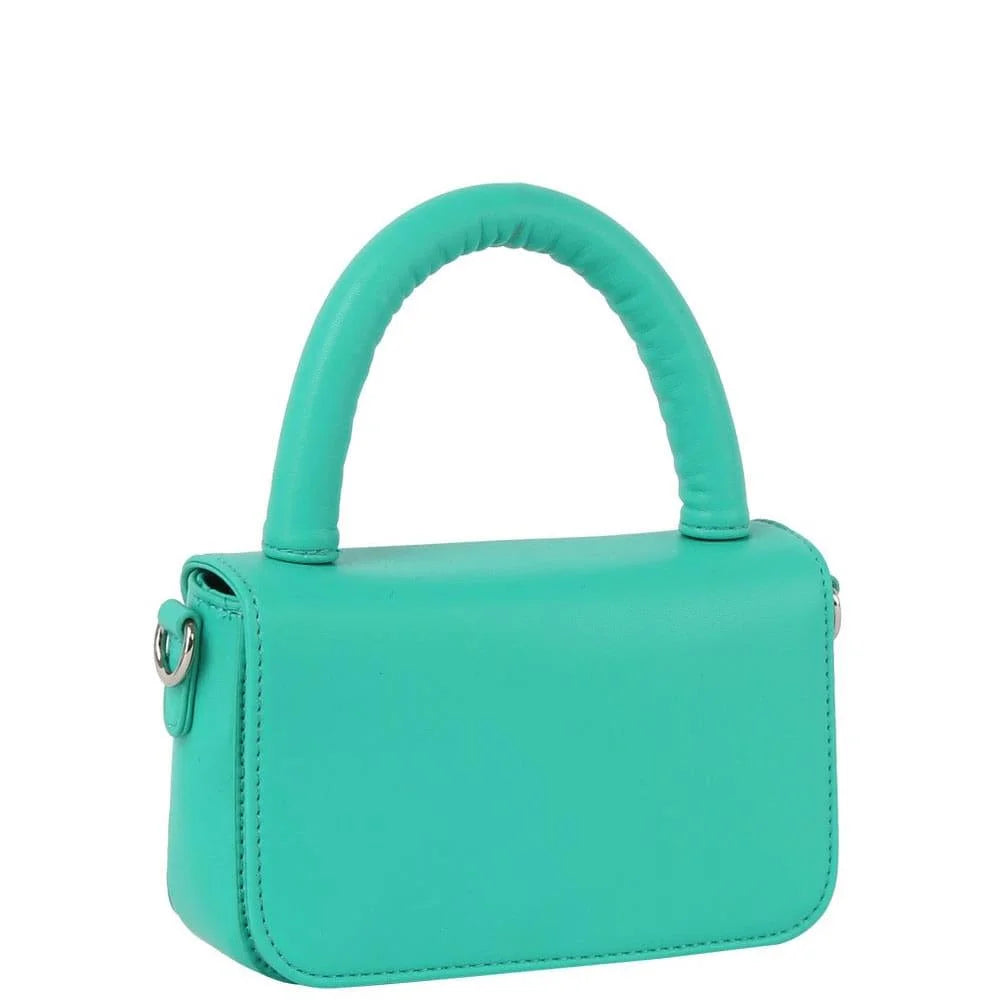 Turquoise rectangular mini crossbody bag with a stylish curved top handle