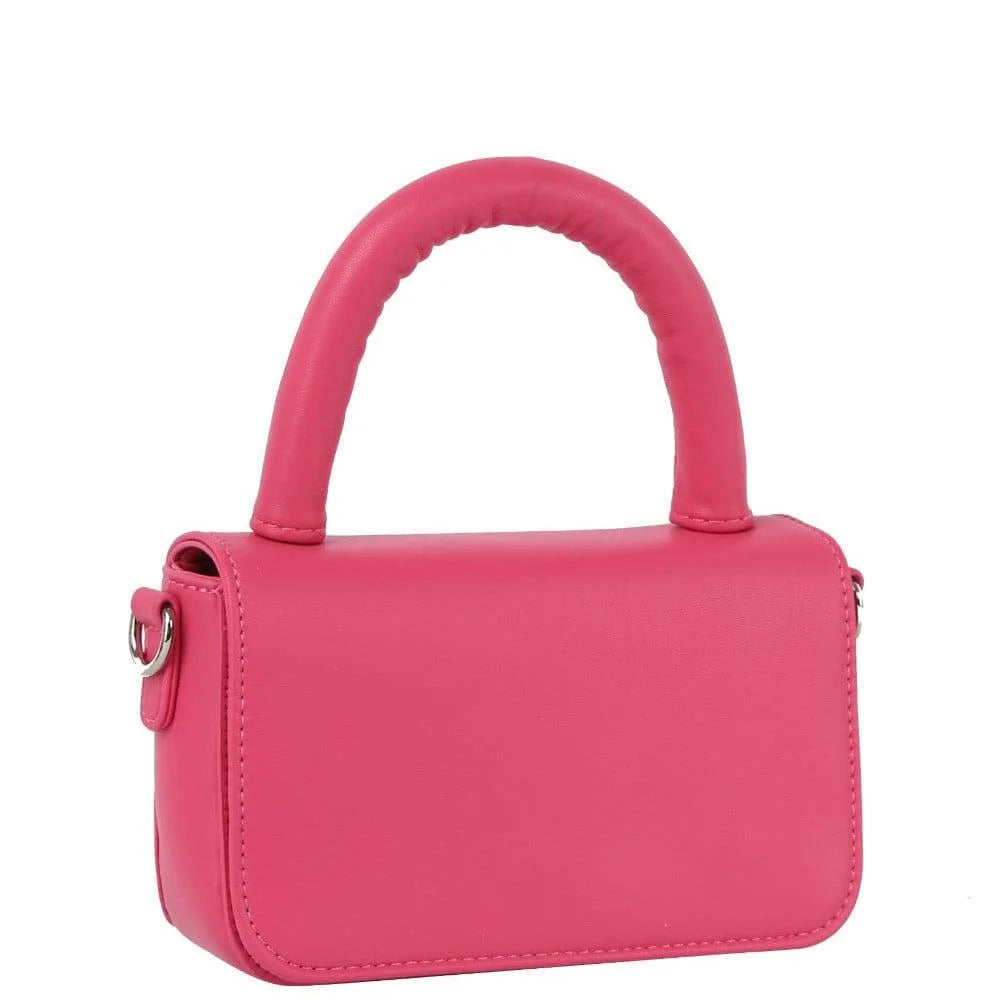 Bright pink mini crossbody bag with a curved top handle and rectangular shape