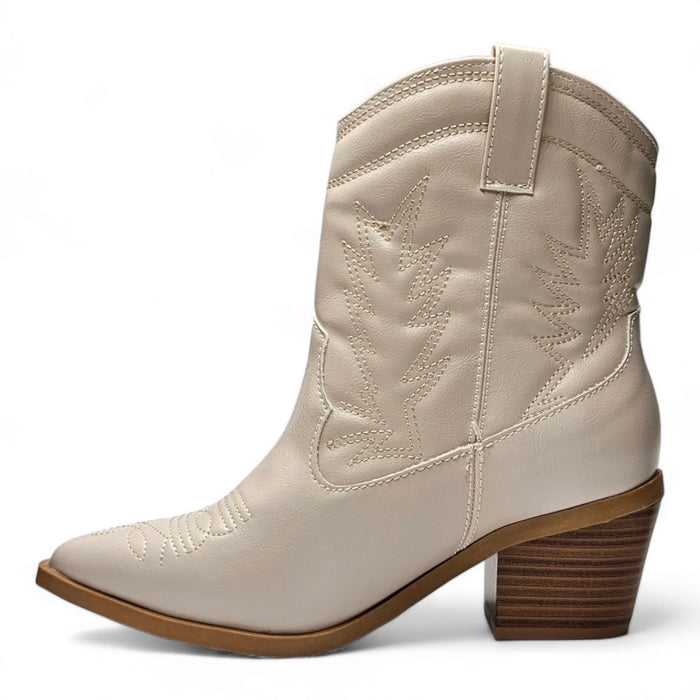 Beige leather Mini Mindful Bootie with chunky heel and decorative stitching