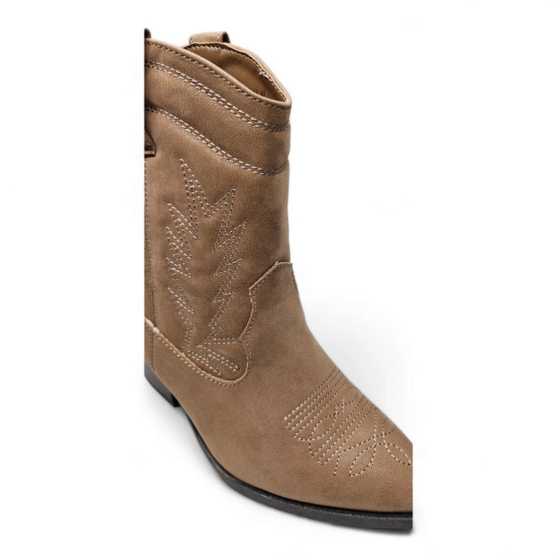 Tan leather Mini Mindful Bootie with decorative stitching for a stylish look