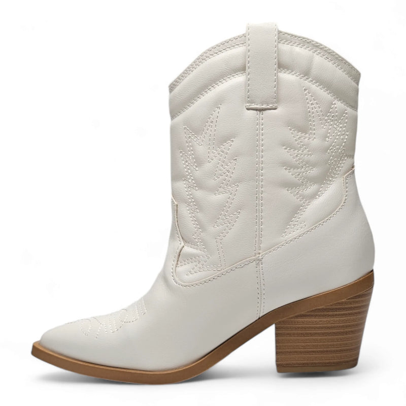 White leather Mini Mindful Bootie with stacked heel and decorative stitching