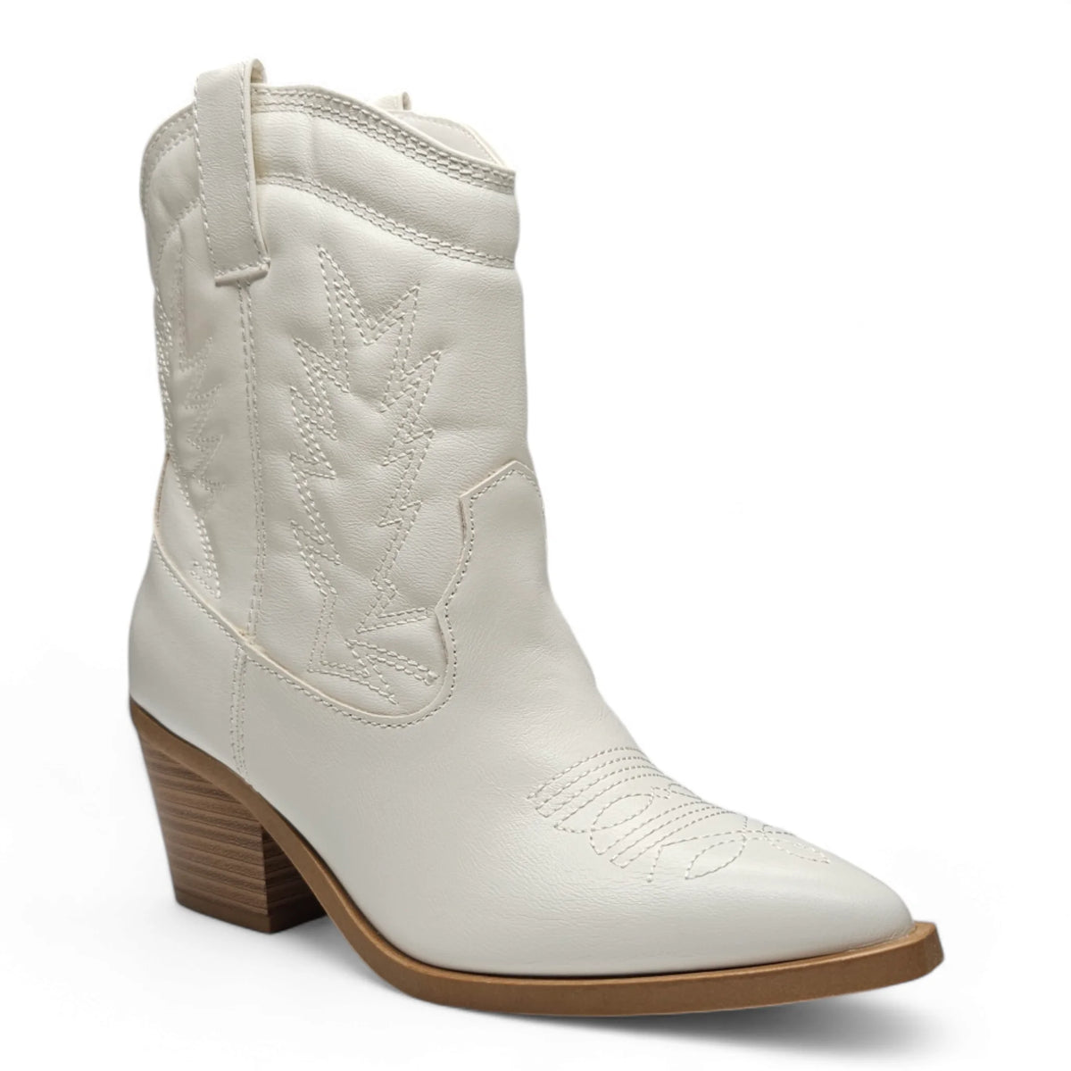 White leather Mini Mindful Bootie features a pointed toe and stacked heel for cowgirl style