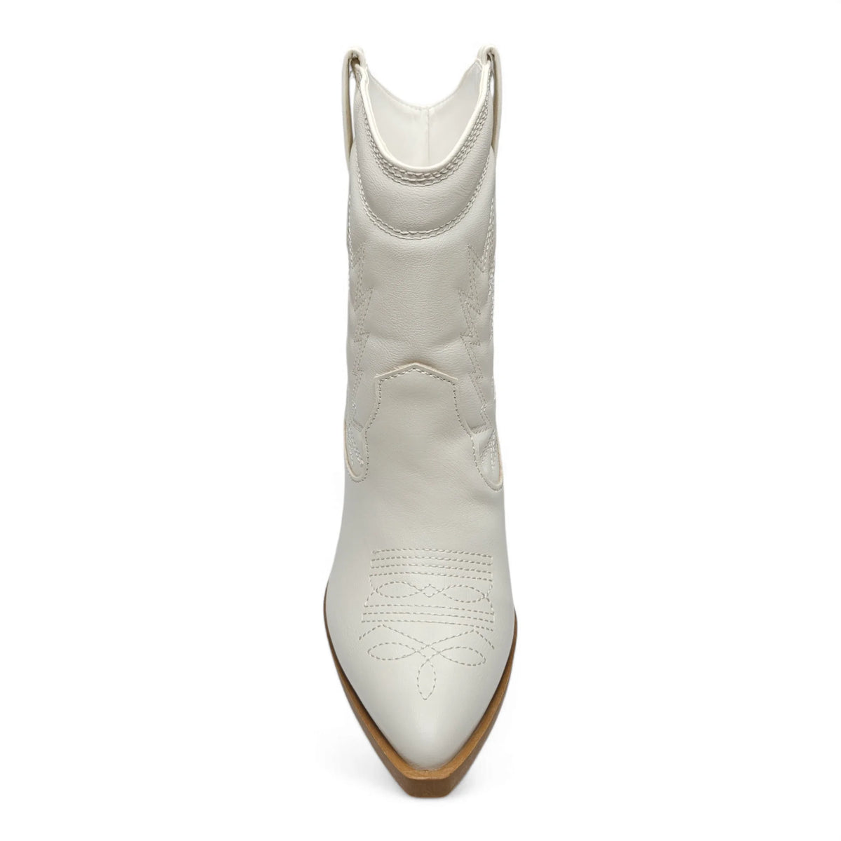 White leather Mini Mindful Bootie with pointed toe and angled heel, stylish cowgirl ankle design