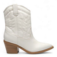 White leather Mini Mindful Bootie with pointed toe and stacked heel for stylish cowgirl ankle