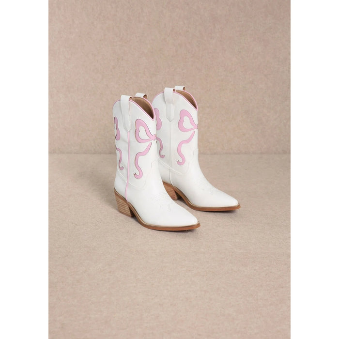 Miriam Bow Ribbon Design Coquette Booties - White Pink