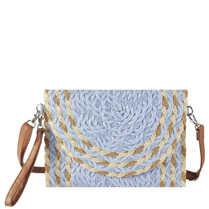 Light blue and gold patterned mixed color straw clutch and crossbody bag with leather strap