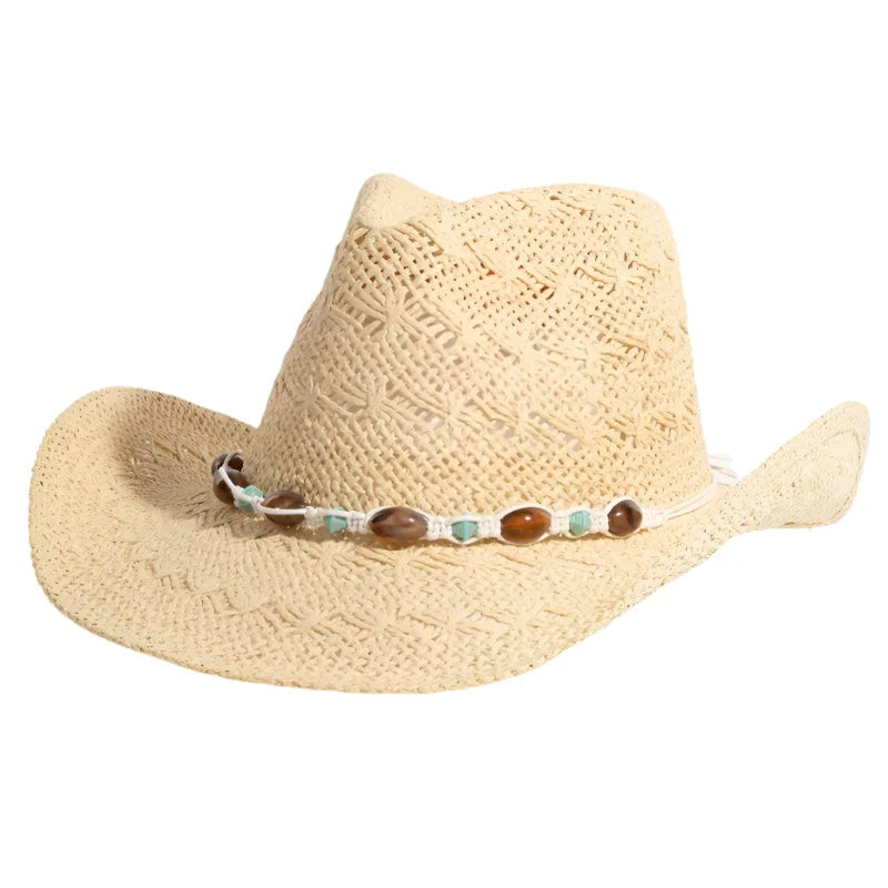 Beige straw cowboy hat with mixed beaded decorative band and stones