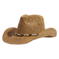 Woven straw cowboy hat with turquoise beaded accents in mixed beaded style