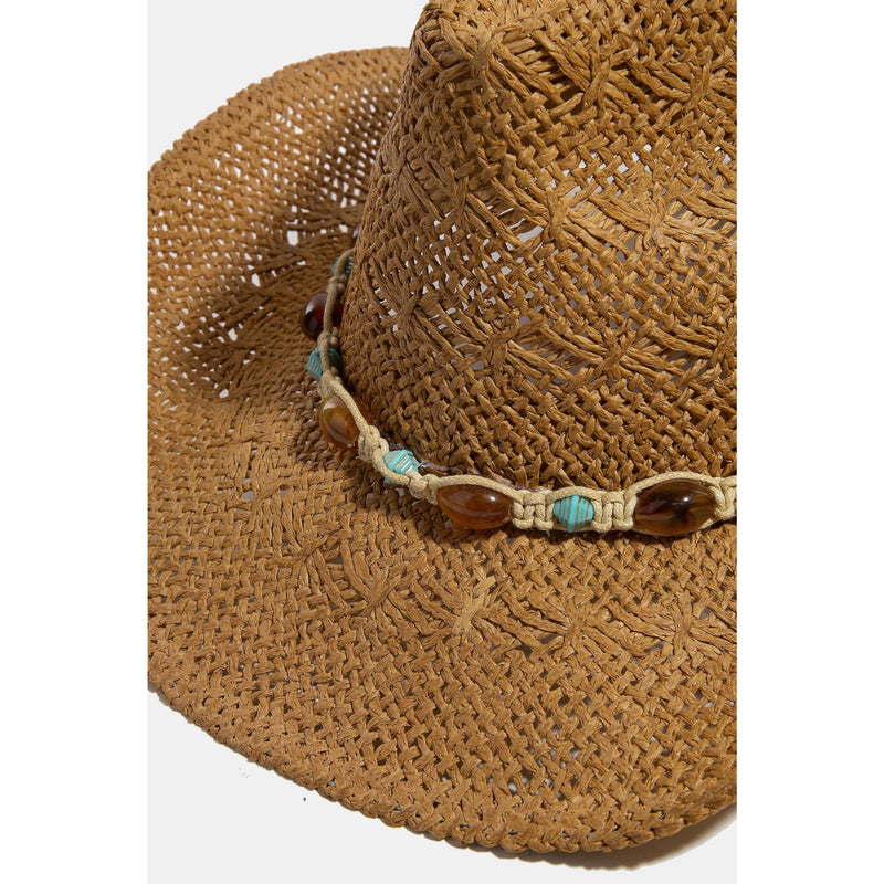 Woven straw cowboy hat with mixed beaded band in turquoise and brown colors