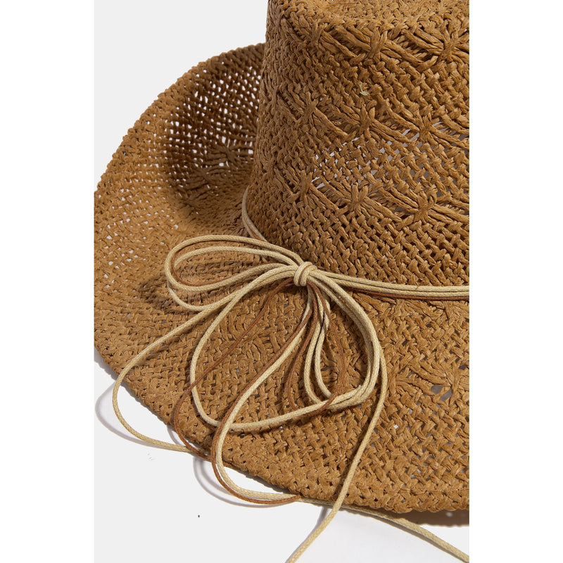 Woven straw sun hat with decorative rope bow, part of Mixed Beaded And Rope Western Fedora