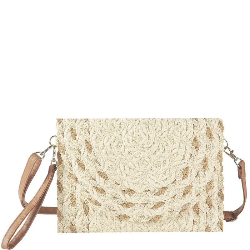 Cream-colored woven straw clutch with brown leather straps for crossbody bag use