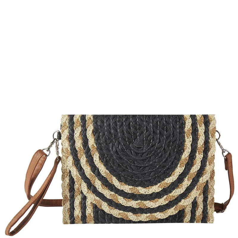 Mixed color straw clutch purse with brown leather strap and wristlet for crossbody use