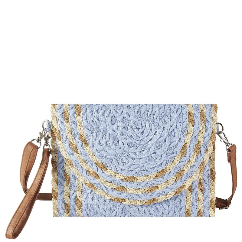 Light blue and gold patterned mixed color straw clutch and crossbody bag with leather strap