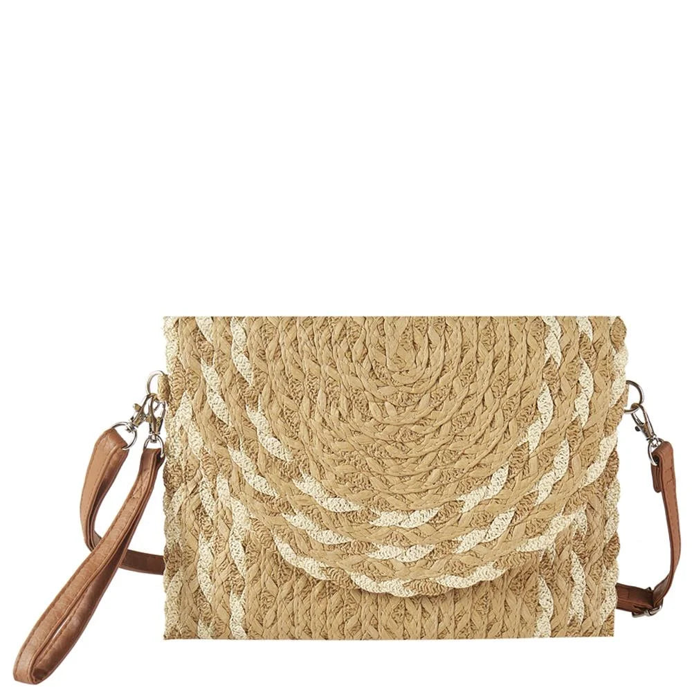 Woven straw clutch with brown leather strap and metallic accents in mixed color design