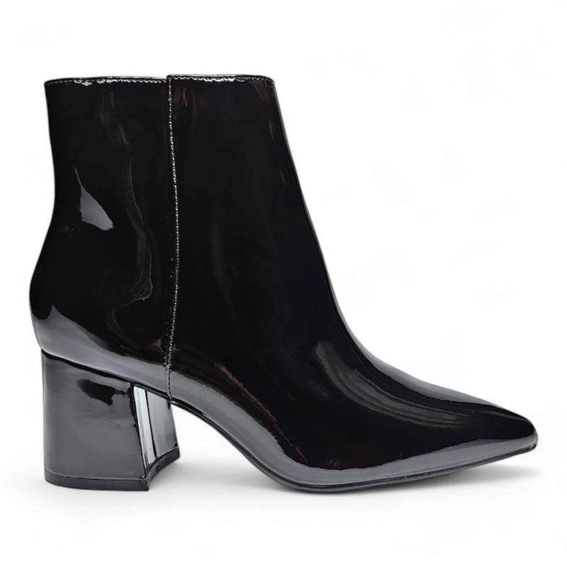 Black patent leather ankle bootie with a stylish block heel for trendy footwear