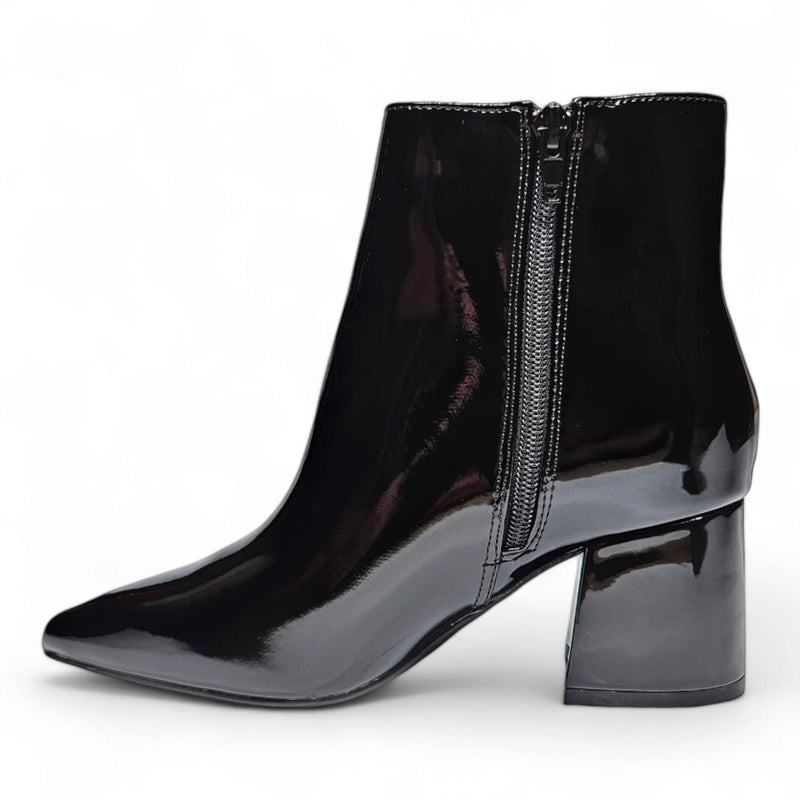 Black patent leather ankle bootie with chunky block heel and side zipper