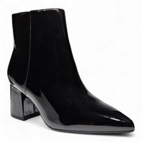 Black patent leather Mode Block Heel Ankle Bootie with pointed toe and stylish block heel