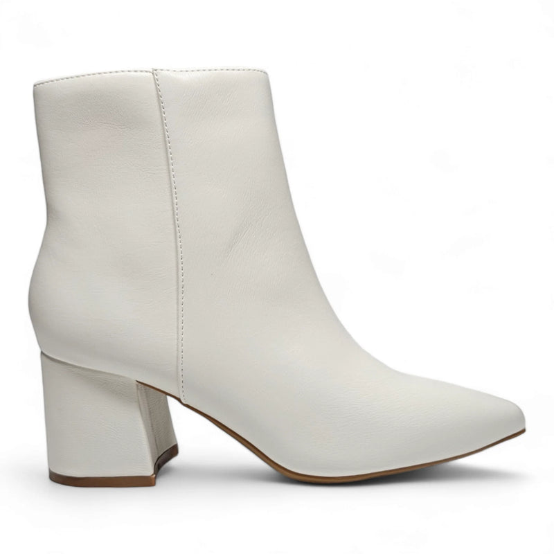 White leather ankle bootie with pointed toe and chunky block heel, Mode Block Heel Ankle Bootie