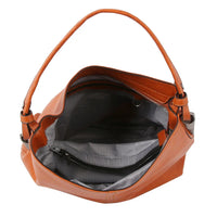 Orange leather Modern Hobo Bag with open top showcasing interior lining