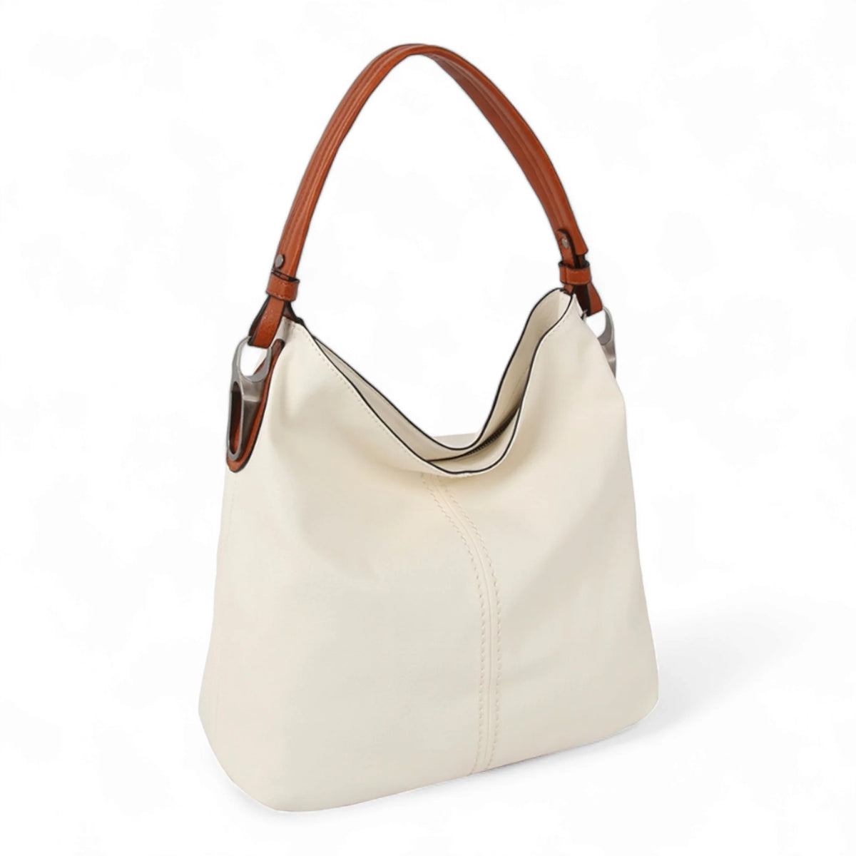 Cream-colored modern hobo bag with a stylish brown leather strap