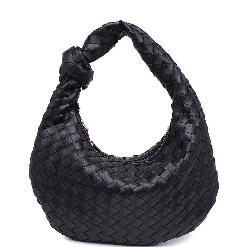 Black woven leather hobo bag with curved handle, showcasing Modern Texture Knot design