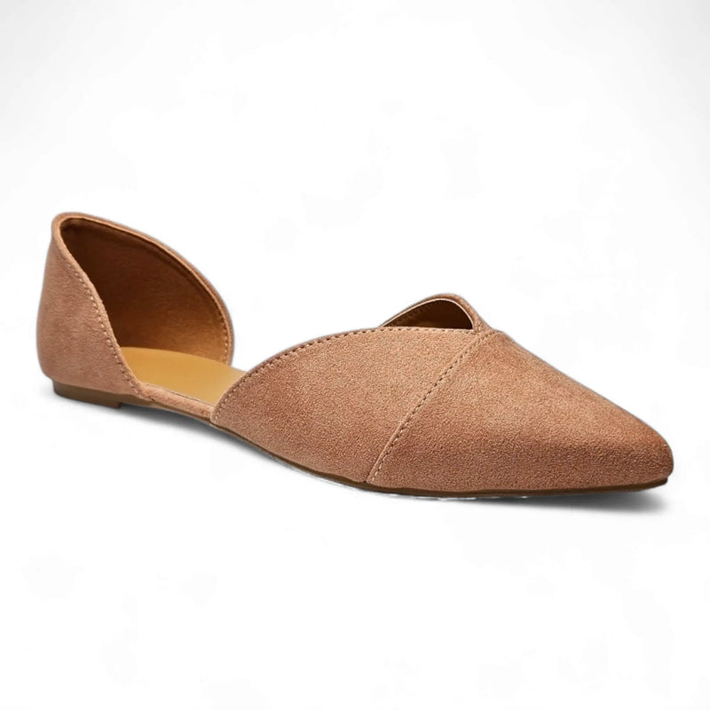 Tan suede d’Orsay-style pointed-toe flat shoe from Zoom Pointed Flats collection