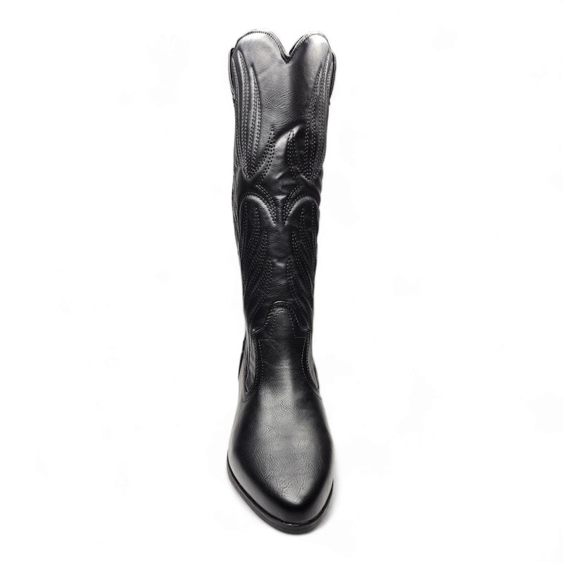 Black leather Montana Western Boot featuring pointed toe, tall shaft, and intricate embroidery