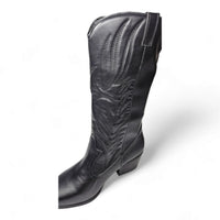 Black leather Montana Western Boot with intricate embroidery and pointed toe