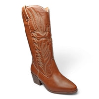 Brown leather Montana Western Boot with intricate embroidery and a pointed toe design