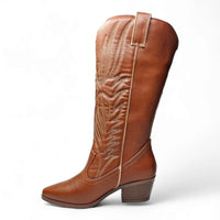 Brown leather Montana Western Boot with intricate embroidery and a stacked heel