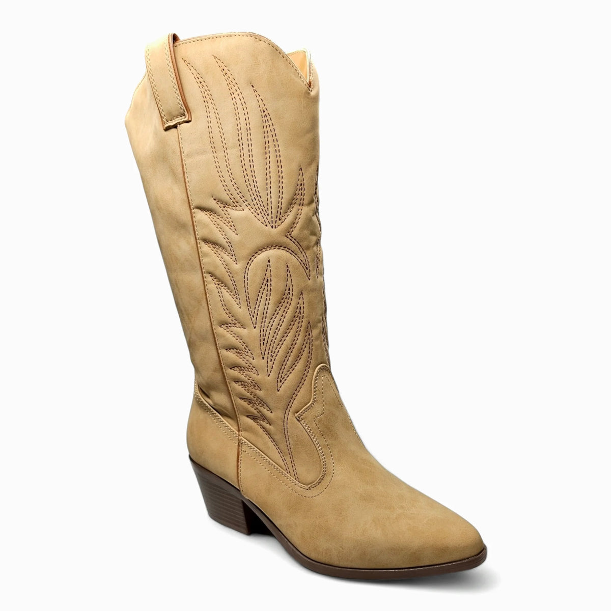 Tan Montana Western Boot featuring intricate embroidery and decorative stitching