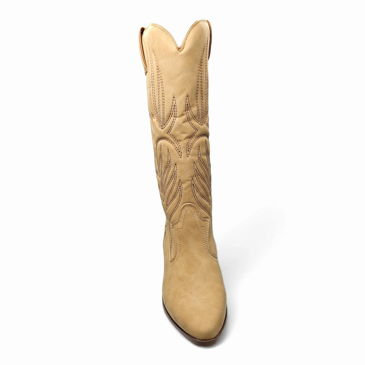 Tan Montana Western Boot featuring intricate embroidery and decorative stitching