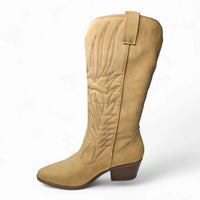 Tan Montana Western Boot featuring intricate embroidery and a stacked heel